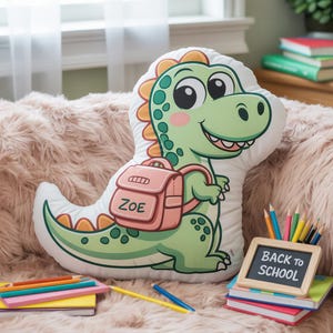Personalized Back to School Dinosaur Shaped Pillow, Custom Name Plush for Kids, Cute Shaped Preschool Cushion, Toddler Classroom Gift