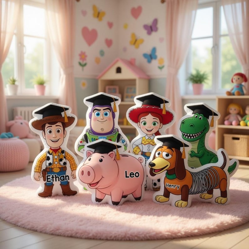 May include: A collection of plush character pillows featuring Woody, Buzz Lightyear, Jessie, Rex, Slinky Dog, and Hamm, each wearing a graduation cap. The pillows are on a pink rug in a child's room. Names are printed on some of the pillows.
