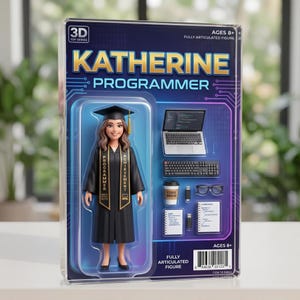 Może przedstawiać: Opakowanie z serii zabawek 3D z figurką Katherine Programmer. Figurka nosi togę i czapkę absolwenta, z akcesoriami takimi jak laptop, klawiatura, filiżanka kawy, okulary i notatniki. Opakowanie jest niebiesko-białe z napisem "Katherine Programmer".
