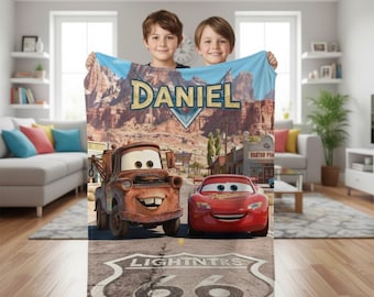 Personalized Cars Blanket, Mater and Lightning McQueen Route 66 Throw, Custom Pixar Kids Blanket, Radiator Springs Adventure Gift