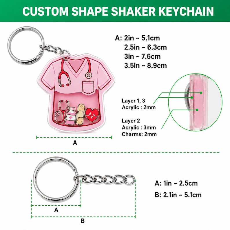 May include: A custom shape shaker keychain featuring a pink scrub top design with a stethoscope, medicine bottle, bandage, and heart charm. The keychain includes a metal ring and chain, with dimensions ranging from 2 inches to 3.5 inches.