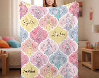 Personalized Disney Princess Blanket, Belle Cinderella Aurora Ariel Pattern Throw, Custom Name Kids Blanket, Cute Fairytale Gift for Girls