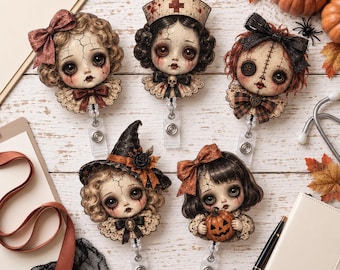 Halloween Doll Badge Reel, Creepy Nurse Badge Holder, Spooky Voodoo Doll ID Clip, Gothic Witch Badge Reel, Horror Medical Gift For Nurses RN