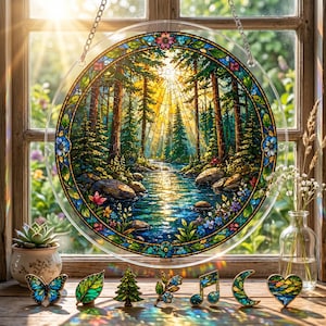 May include: A circular stained-glass window art piece showing a forest scene with a river, trees, and sunlight. The window is suspended in front of a window. Decorative pins shaped like a butterfly, leaf, tree, flower, musical note, moon, and heart are on a wooden surface.