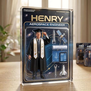 May include: Collectible action figure of "Henry, Aerospace Engineer" in a clear plastic case. The figure wears a graduation gown and holds a tassel. The packaging includes the text "Premium Collectible Card For Aerospace Engineer" and "Elite Engineer Series Ages 14+".