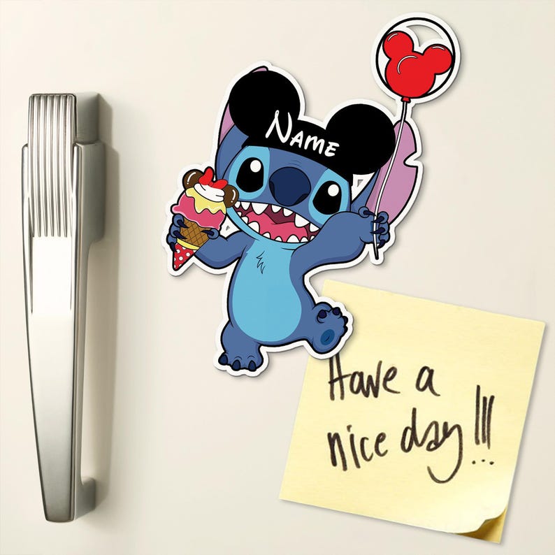 May include: A blue cartoon character with large ears, holding an ice cream cone and a red Mickey Mouse balloon. The character wears a black hat with the name "Name" on it. A yellow sticky note says "Have a nice day!!!".