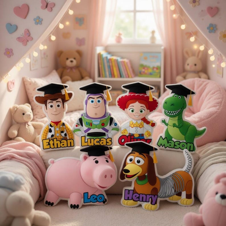 May include: A collection of Toy Story character cutouts, each wearing a graduation cap and personalized with a name. Characters include Woody, Buzz Lightyear, Jessie, Rex, Hamm, and Slinky Dog. The cutouts are in a child's room setting.