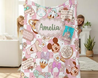 Gepersonaliseerde Disney Coquette aquarel deken, Mickey en vrienden gooien, Magic Kingdom deken, Disneyland verjaardagscadeau meisje