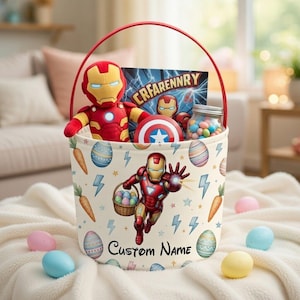 Personlig Iron Man påskkorg, Marvel påskkorg, Kanin Iron Man påskkorg, Påskäggjaktskorg, Anpassat namn Marvel-korg