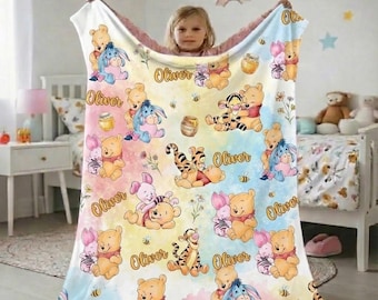 Personalized Winnie the Pooh Pastel Blanket, Custom Name Pooh Friends Throw, Cute Kids Nursery Blanket, Baby Birthday Gift