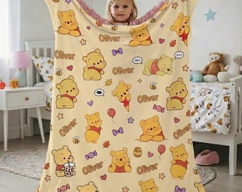 Personalized Winnie the Pooh Blanket, Custom Name Pooh Bear Throw, Cute Kids Cartoon Blanket, Baby Birthday Gift
