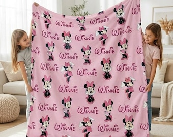 Personalized Minnie Inspired Bow Blanket, Cute Coquette Mouse Throw, Soft Kids Bedding, Custom Name Gift for Girls