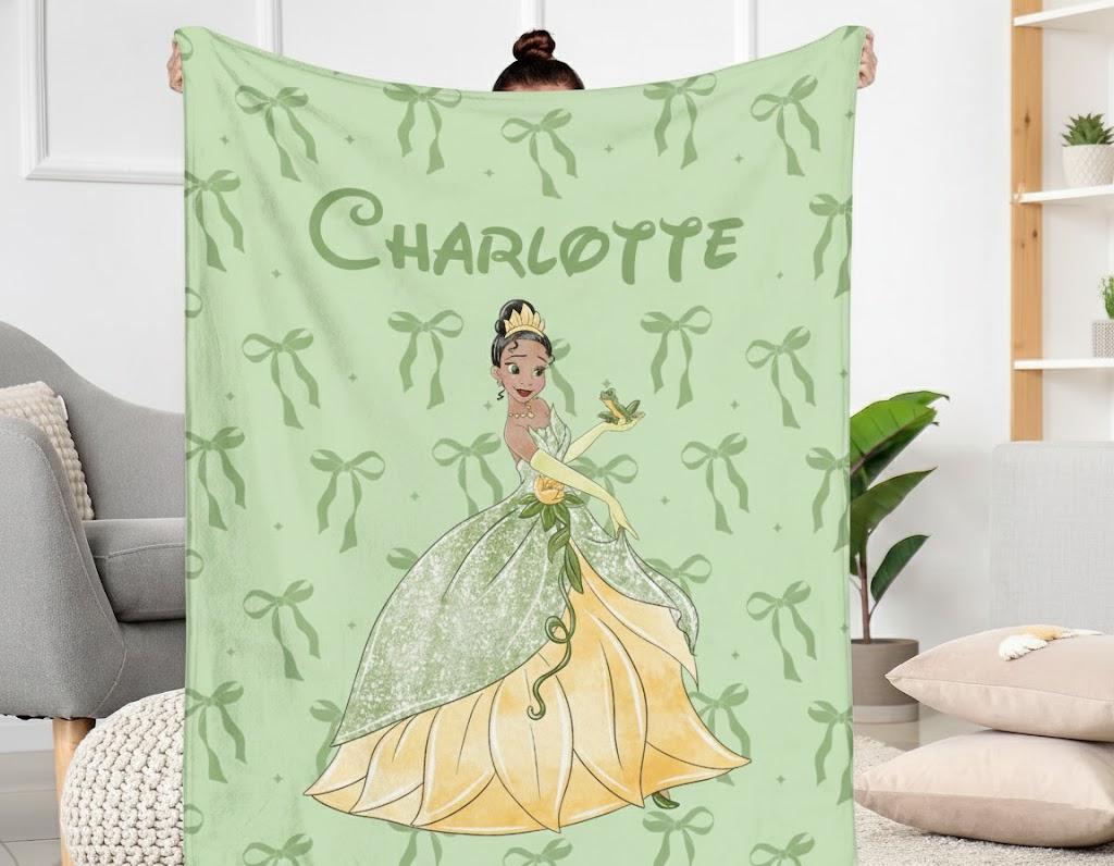 Discover Disney Princess Tiana Blanket, Custom Name Princess and the Frog Blanket, Coquette Bows Blanket, Girls Birthday Gift
