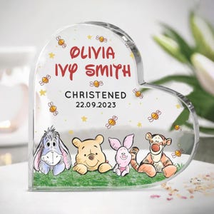 Personalized Christening Heart Plaque, Winnie the Pooh Plaque, Pooh Christened Keepsake, Gift for New Baby, Baptised Gift, Baptism Gift