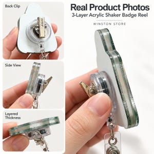 May include: A 3-layer acrylic shaker badge reel featuring a clear plastic housing, a metal back clip, and a retractable cord. The product is labeled as Real Product Photos, 3-Layer Acrylic Shaker Badge Reel, and WINSTON STORE.