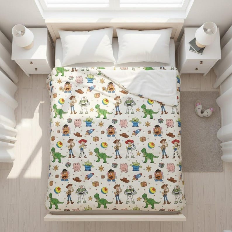 May include: A white comforter with a colorful pattern featuring cartoon characters, including a cowboy, a spaceman, a dinosaur, and a pig. The bedding is on a bed with white pillows and nightstands on either side.