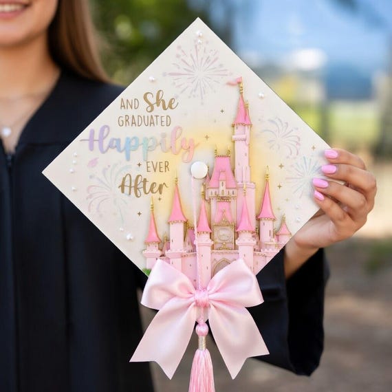 Custom Graduation Cap Topper, Disneyland Castle Grad Cap, Princess Happily Ever After Cap Topper, Pink Fairy Tale Graduation Decor