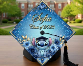 Personalized Stitch Graduation Cap Topper, Custom Graduation Cap Topper, Disney Stitch Grad Cap, Cute Disney Blue Class of 2026 Cap Decor