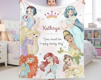 Personalized Disney Princess blanket, Watercolor Castle Coquette bows Blanket, Belle Rapunzel Tiana Ariel Elsa blanket, Birthday Girl gift