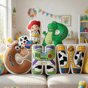 Woody Buzz Lightyear Jessie Rex Bullseye Letter Pillow, Toy Story Inspired Gift, Personalized Letter Pillow, Custom Disney Plush Pillow image 1