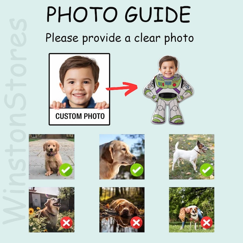 May include: A photo guide with the text "PHOTO GUIDE" and "Please provide a clear photo." The guide shows a child's photo transforming into a Buzz Lightyear cutout. Examples of acceptable and unacceptable pet photos are also included.