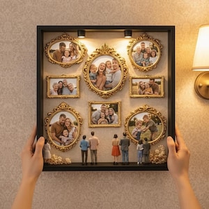 Może przedstawiać: Czarny obraz ścienny z wieloma złotymi, ozdobnymi ramkami z rodzinnymi zdjęciami. Miniaturowe figurki stoją pod ramkami. Dwa małe reflektory oświetlają zdjęcia. Obraz jest trzymany przez dwie ręce.