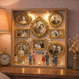 May include: A framed family photo display with nine vintage portraits in ornate gold frames. Miniature figures and candles are placed below the photos. The display is set on a wooden surface.