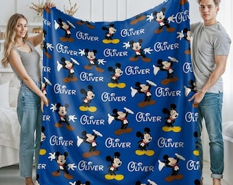 Manta personalizada con nombre inspirado en ratón, manta azul personalizada para niños, regalo de ratón de dibujos animados, decoración para dormitorio de niños