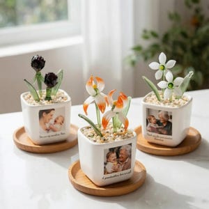 May include: Three decorative flower pots with glass flowers and small photos. The white square pots sit on wooden saucers. The glass flowers are white, orange, and dark purple. Each pot has a different photo and text.