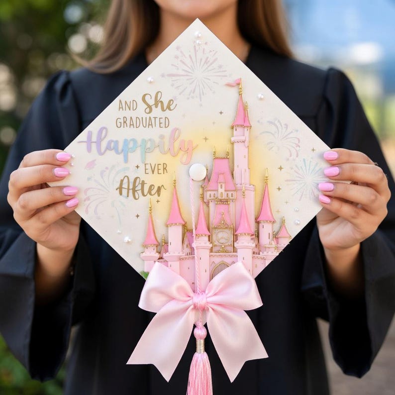 Custom Graduation Cap Topper, Disneyland Castle Grad Cap, Princess Happily Ever After Cap Topper, Pink Fairy Tale Graduation Decor image 4