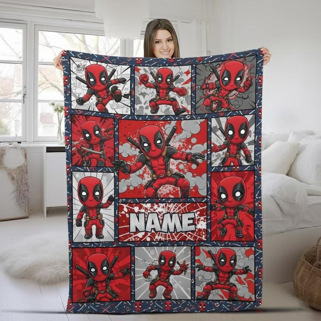 Discover Deadpool Style Personalized Blanket, Superhero Comic Blanket, Custom Name Fleece Blanket, Marvel Fan Gift
