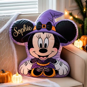 Custom Minnie Witch Pillow, Personalized Halloween Plush for Kids, Minnie Mouse Shaped Pillow with Name, Trick or Treat, 3D Ugly Pillow image 2