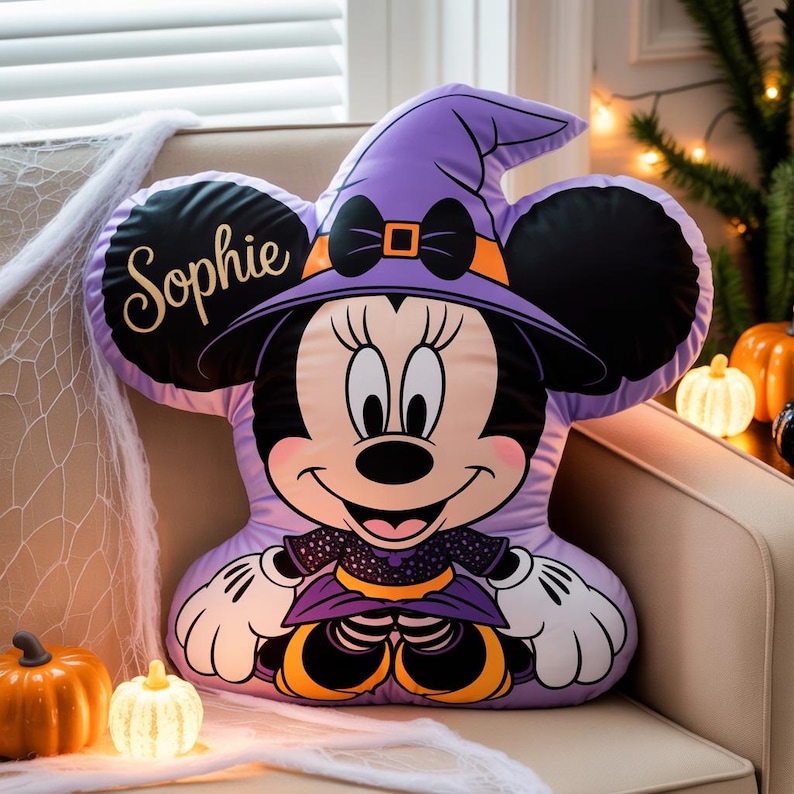 Custom Minnie Witch Pillow, Personalized Halloween Plush for Kids, Minnie Mouse Shaped Pillow with Name, Trick or Treat, 3D Ugly Pillow image 2