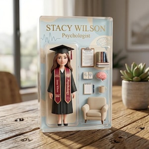 Könnte beinhalten: Figur einer Absolventin in schwarzem Gewand und Kappe, mit einem weinroten Schärpenaufdruck "Psychologie". Der Name "Stacy Wilson, Psychologe" ist darüber gedruckt. Die Präsentation umfasst Miniatur-Psychologie-Objekte und einen kleinen Sessel.