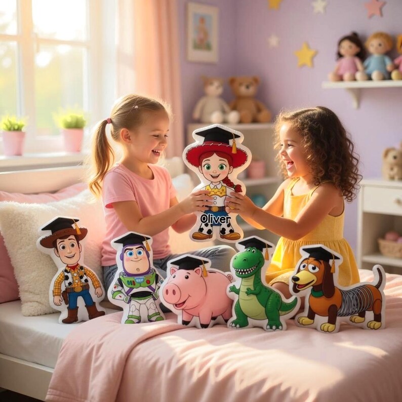 May include: Two young girls are holding up a cartoon character cutout that says "Oliver". The cutout is of a character from the Toy Story movie series. Other Toy Story character pillows are on the bed, including Woody, Buzz Lightyear, Rex, Hamm, and Slinky Dog.
