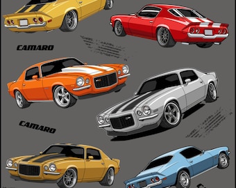 Vintage 1970'S Camaro Cars Fabric by Yard, Combed Cotton Prima | Classic Muscle Car Print
