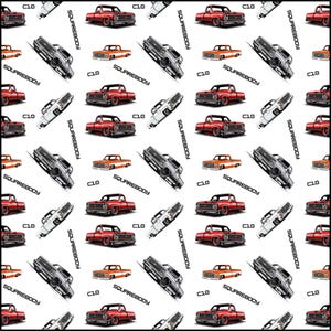 May include: A repeating pattern of classic pickup trucks in red, silver, white, and orange on a white background. The trucks are angled and feature the text "SQUAREBODY" and "C10".