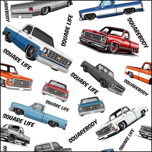 May include: A repeating pattern of stylized pickup trucks in various colors, including blue, red, orange, and gray, against a white background. The phrase "SQUARE LIFE" and "SQUAREBODY" are interspersed throughout the design.