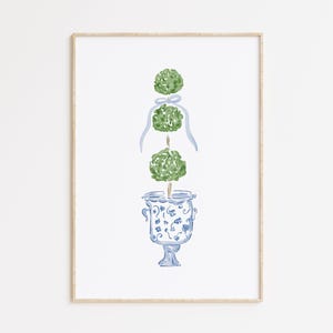 Watercolor Blue Chinoiserie Topiary Print, Blue and White Ginger Jar Print, Preppy Boxwood Topiary Wall Art, Watercolor Blue Bow Wall Decor