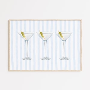 Martini Print, Bar Cart Art Print, Retro Cocktail Wall Art, Watercolor Martini Glasses, Trendy Apartment Decor, Blue Bar Cart Decor