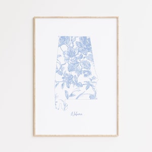 Arte mural floral azul de Alabama, imprimible floral de los estados de Alabama, arte mural de la abuela milenial, impresiones de estados de EE. UU., decoración costera para dormitorio de nietas