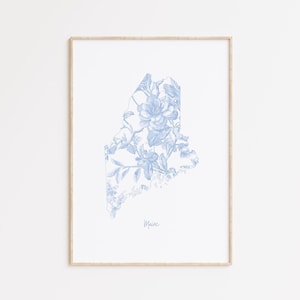 Blue Floral Maine Print, Chinoiserie Wall Art Print, Grandmillennial Digital Prints, USA State Prints, Coastal Granddaughter Wall Decor