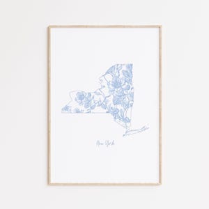 Arte mural con motivos florales del estado de Nueva York, arte mural neoyorquino en azul y blanco, estampado chinoiserie, estampado de nieta costera, decoración de dormitorio azul preppy