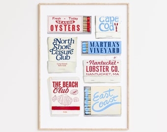 Vintage East Coast Matchbook Print, Blue Watercolor Matchbox Print, Coastal Matchbox Print, Cape Cod Matchbook Poster, Trendy Matches Poster