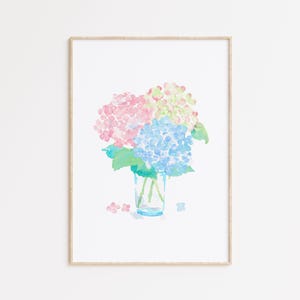 Colorful Hydrangea Watercolor Print, Grandmillennial Print, Coastal Granddaughter Wall Decor, Botanical Wall Art, Watercolor Floral Painting