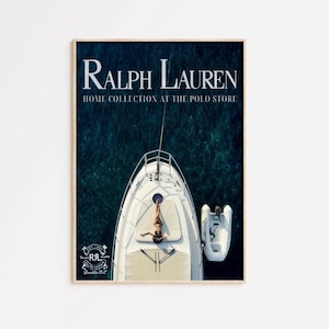 Póster de yate de verano de Polo Ralph Lauren, impresión de revista de playa retro, barco de lujo estético, impresión de revista de moda vintage, obra de arte de dinero antiguo