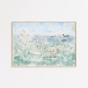 Impression aquarelle de canards colverts, impression d&#39;art de mare aux canards, décoration murale grand-millénaire, peinture de paysage bleu des marais, impression de chambre de bébé de Style vintage