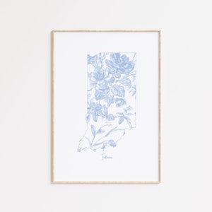Arte mural floral azul y blanco de Indiana, arte moderno del estado de Indiana, decoración para dormitorios universitarios de Indiana, estampado chinoiserie, arte costero de nietas