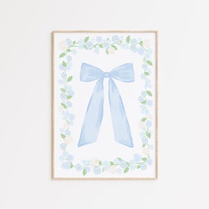 Aquarell Schleife Blumendruck, Blau & Grün Blumen-Kinderzimmer-Wand-Dekor, wunderliche Kunst, Babyzimmer Dekor, Cottage Kern Kunst, Grandmillenial Stil