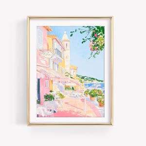 East Coast Watercolor Print, Preppy Coastal Village Art, Pastel Pink & Blue Watercolor Painting, Cape Cod Print, Nantucket Summer Printable